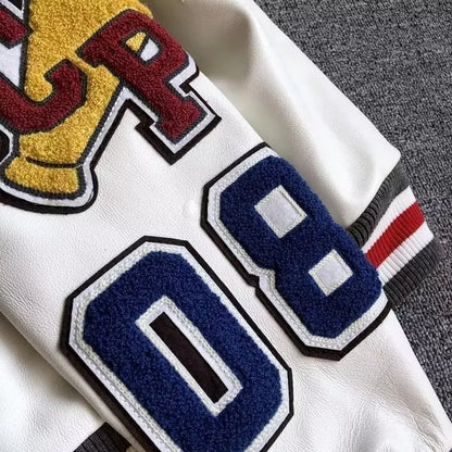 Vestes d'uniforme de baseball Y2K Veste en cuir tendance rétro Broderie multi-lettres Manteau court blanc Printemps et automne Hommes 
