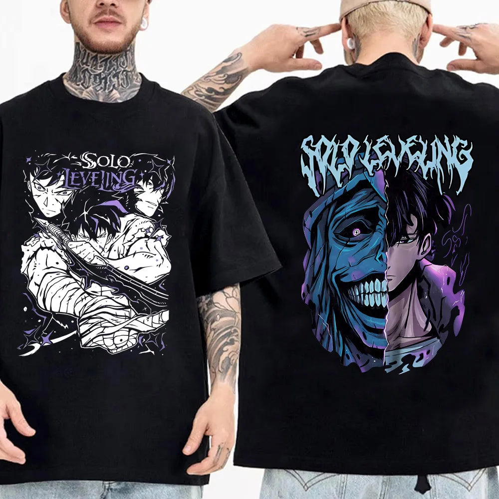 Camiseta de anime japonés Solo Leveling para hombre, camisetas gráficas de dibujos animados de Sung Jinwoo, camiseta Harajuku de manga corta de algodón de alta calidad