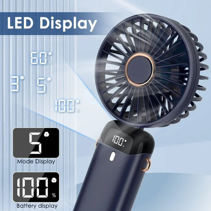 Mini ventilador de mano de 5000 mAh, inalámbrico, recargable por USB, portátil, con pantalla digital, soporte para teléfono, ventilador plegable de 5 velocidades para colgar en el cuello