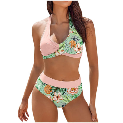 Bikini de playa con estampado floral y bloques de color para mujer, traje de baño de cintura alta de dos piezas para adolescentes