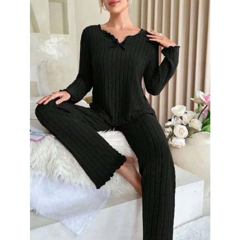 Conjunto de pijamas acanalados para mujer, ropa de dormir de otoño e invierno,