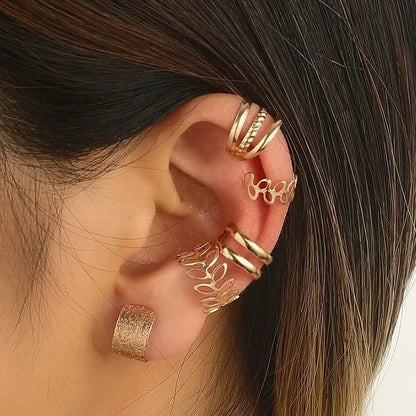 Lot de 5 boucles d'oreilles à clip double en cartilage de feuille de personnalité créative pour femmes