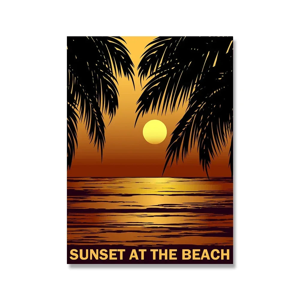 Pintura en lienzo para pared, arte nórdico, puesta de sol, arena, mar, playa, ondas, océano, Palma, póster, imagen Modular de paisaje marino para decoración para sala de estar