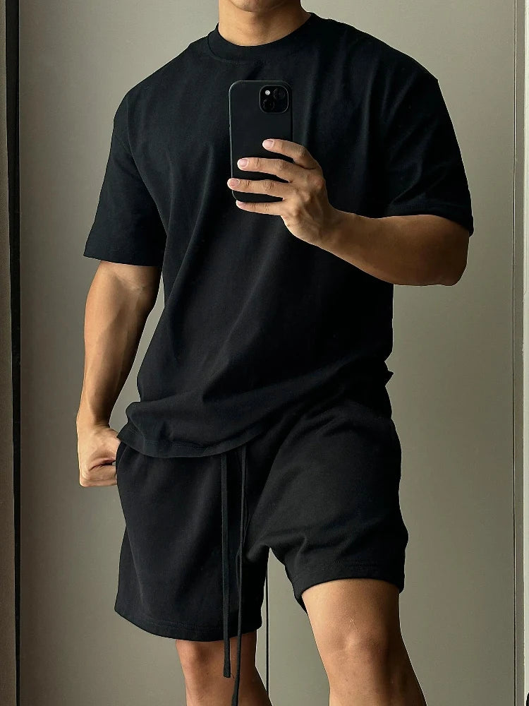 Conjunto de pantalones cortos de manga corta de algodón puro para hombre