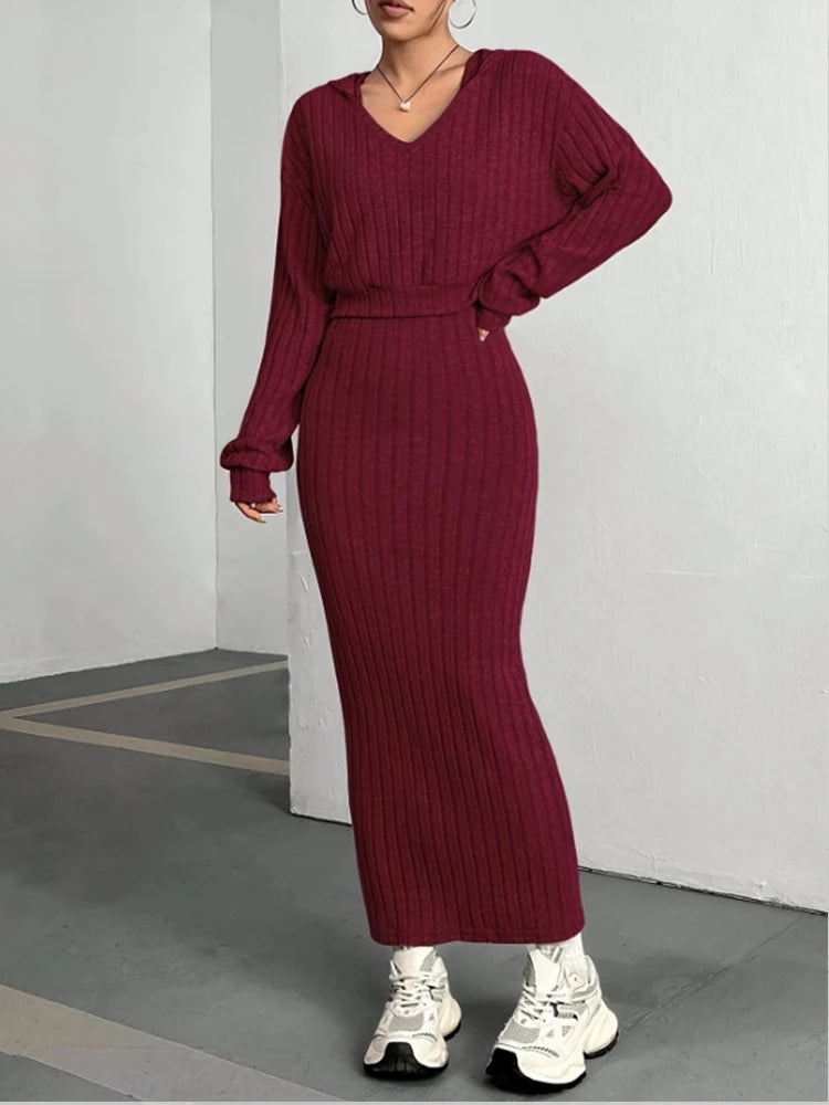 Conjunto de 2 uds. De vestido rojo holgado de punto para mujer