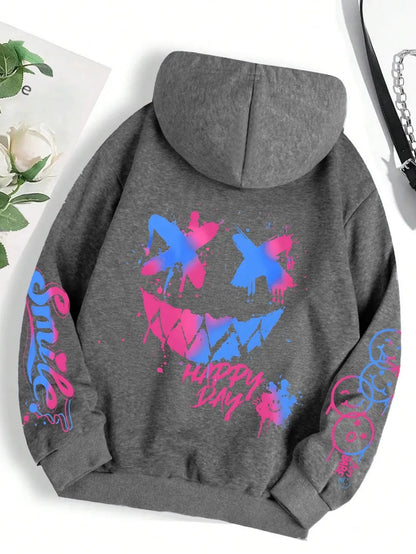 sudadera unisex con capucha transpirable y cómoda con estampado de cara sonriente personalizada de otoño para hombre, sudadera con capucha de moda urbana para exteriores