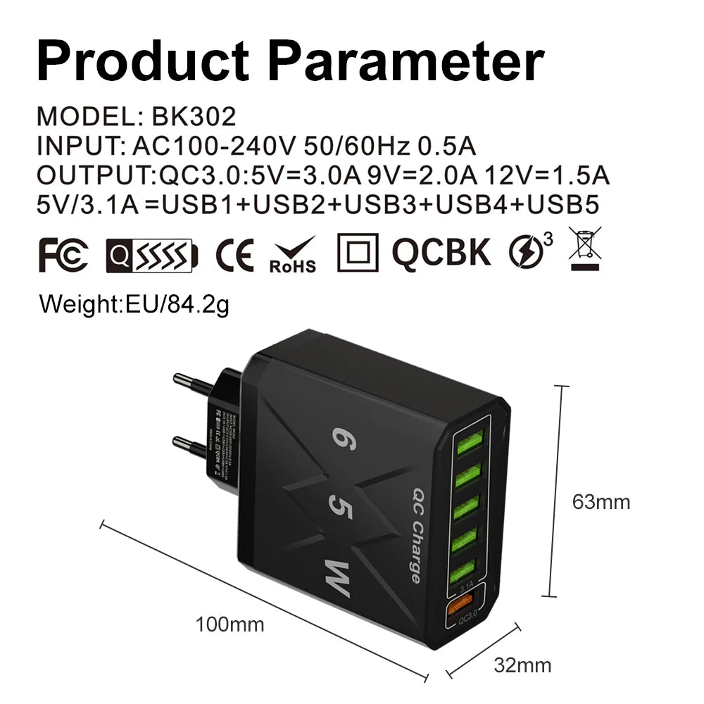 65W 6 Port USB Charger QC3.0 Quick Charge Travel Charger for iPhone 14 Samsung Xiaomi Mobile Phone Adapter EU KR US UK Plug