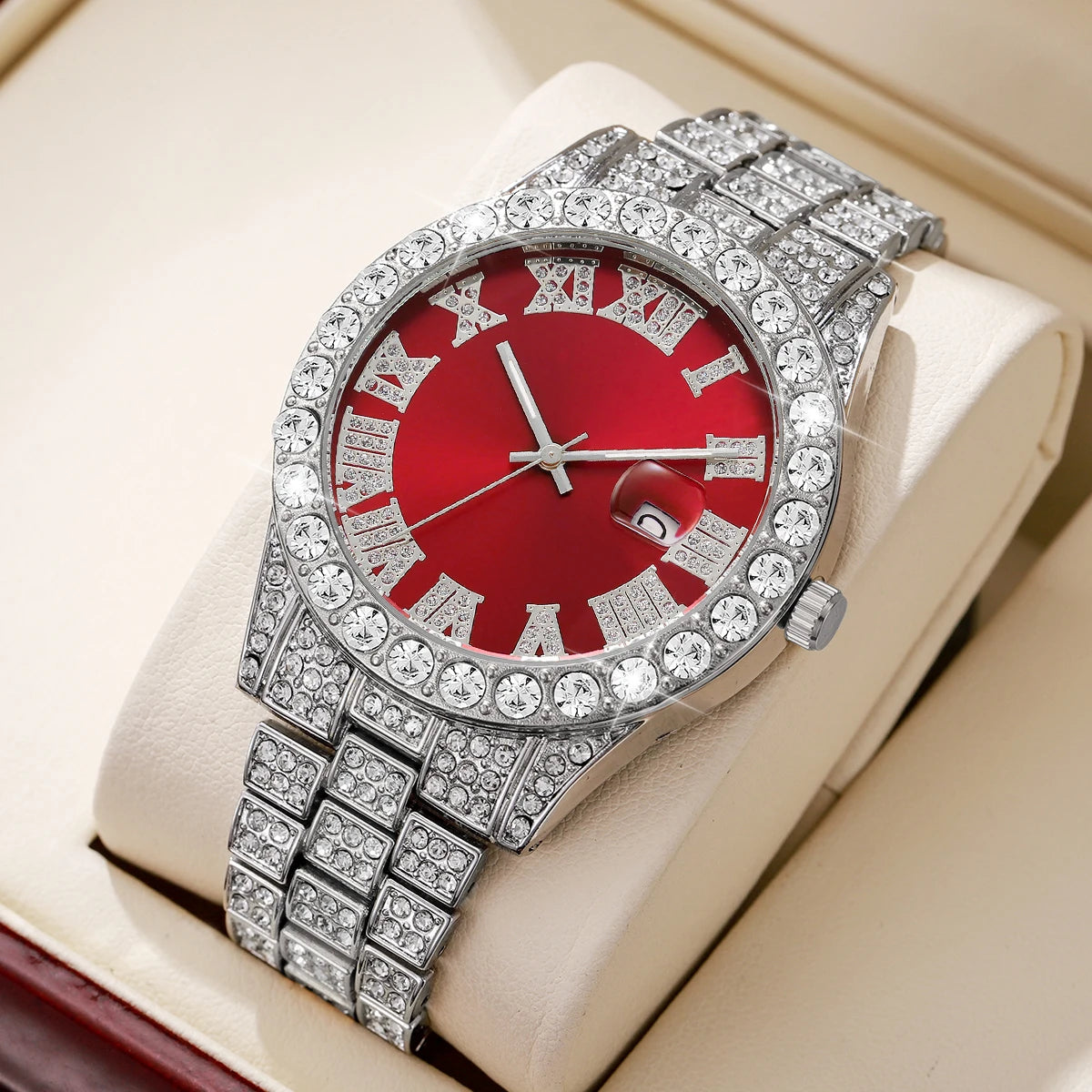 Reloj de pulsera de cuarzo para hombre, de acero inoxidable, con diamantes, calendario y fecha.