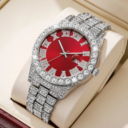 Reloj de pulsera de cuarzo para hombre, de acero inoxidable, con diamantes, calendario y fecha.