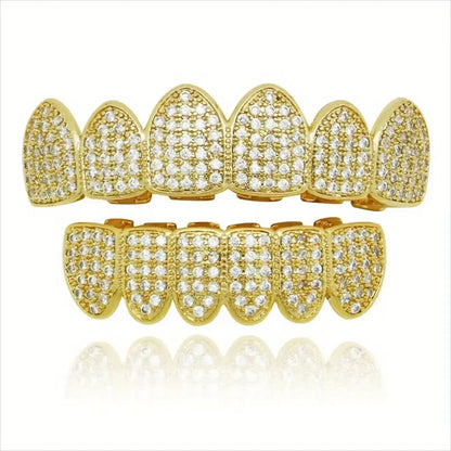 Juego de dientes de circonita cúbica unisex, de color dorado y plateado, con tapa para dientes, extraíble, joyería dental de moda.