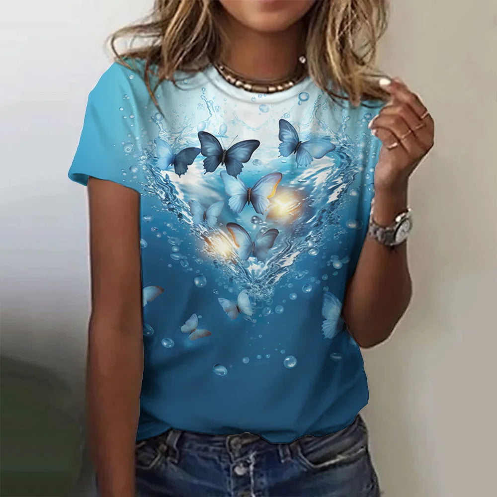 Camiseta con estampado de mariposa 3D y cuello redondo para mujer, camisetas de manga corta de verano a la moda, top de verano de gran tamaño, ropa femenina, novedad de 2024