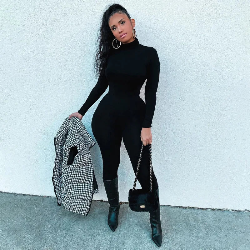 Winter Warm Women Jumpsuit Autumn New Fashion Turtleneck Long Sleeve High Waist Pants Elegant Office Lady Bodycon Romper