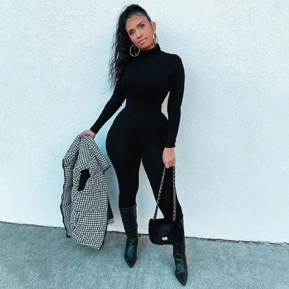 Winter Warm Women Jumpsuit Autumn New Fashion Turtleneck Long Sleeve High Waist Pants Elegant Office Lady Bodycon Romper