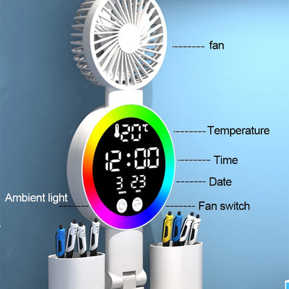 Lámpara de mesa LED recargable para estudio, lámpara de escritorio, luz de lectura, luz de noche LED con ventilador, pantalla de reloj LED, luz de escritorio de lectura