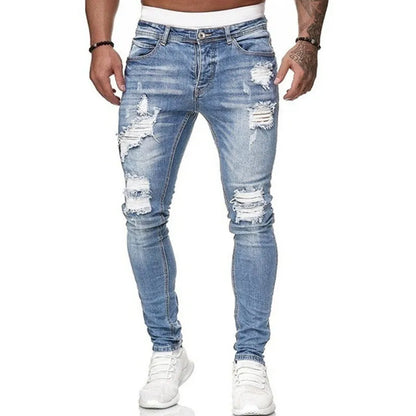 Pantalones vaqueros ajustados rotos estilo callejero de moda para hombre, pantalones vaqueros lisos con lavado vintage, pantalones vaqueros ajustados informales para hombre, gran oferta