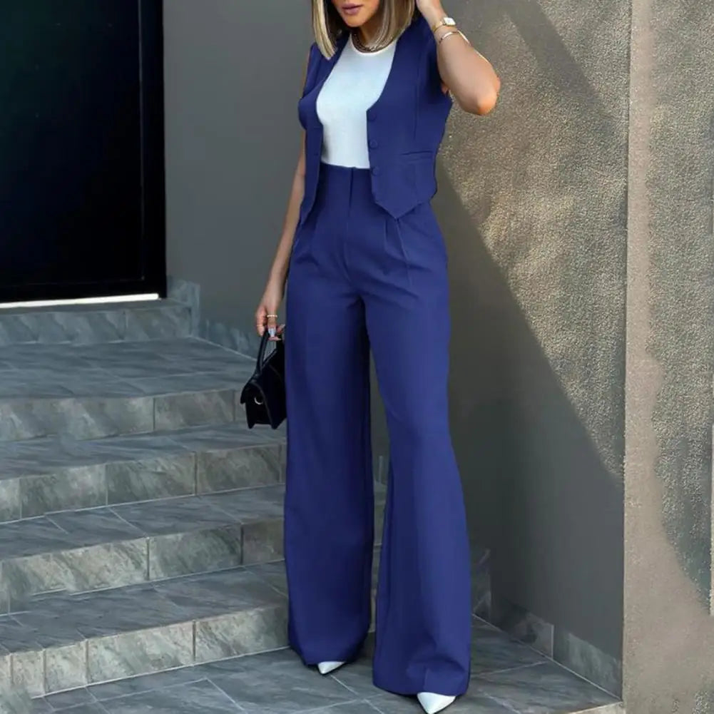 Elegant women's loose pants set with sleeveless vest, high waist wide leg pants for women in fashionable solid color