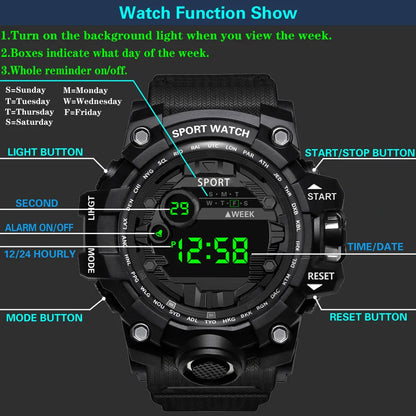 Reloj de pulsera electrónico deportivo de moda para hombre, esfera grande, multifuncional, resistente al agua, luminoso, alarma.