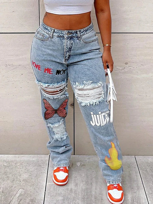 Nuevo diseño de ropa de mujer, pantalones vaqueros con estampado de mariposa, pantalones rectos rasgados, pantalones vaqueros ajustados de cintura alta