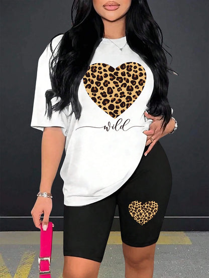 Conjunto de pantalones cortos con estampado de corazón de leopardo para mujer, conjunto de dos piezas de dibujos animados a la moda, transpirable y cómodo, conjunto de pantalones cortos de manga corta