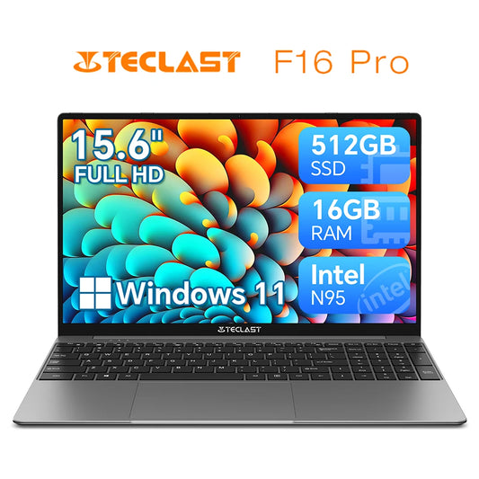 Portátil TECLAST F16Pro de 15,6 pulgadas, 16 GB de RAM, 512 GB de SSD, CPU Intel N95, pantalla IPS FHD 1080P, WiFi 6, BT 5.0, USB 3.2, teclado retroiluminado, 38000 mWh
