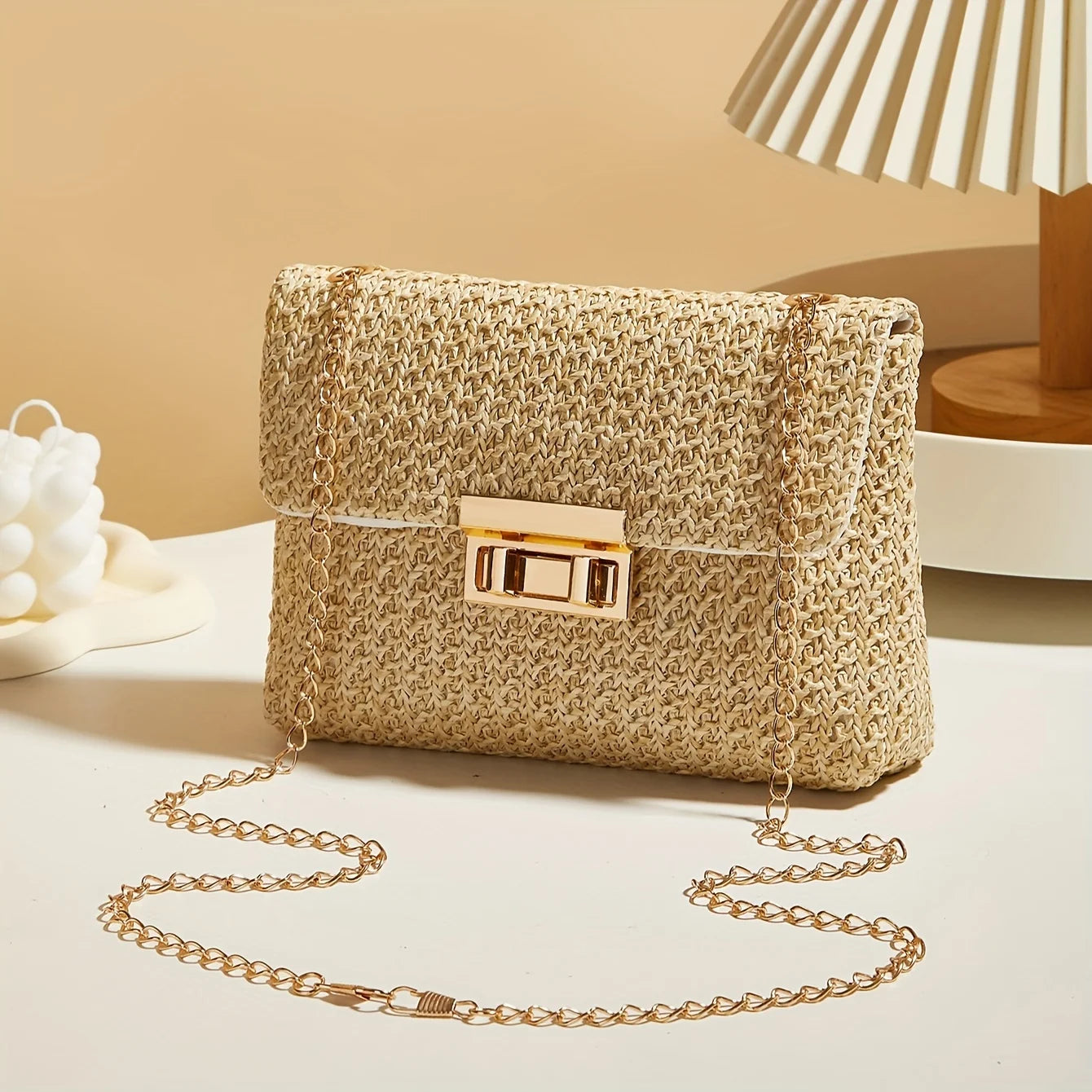 Bolso de hombro tejido a mano de paja para mujer, bolso cruzado de color sólido de moda con cierre de cerradura