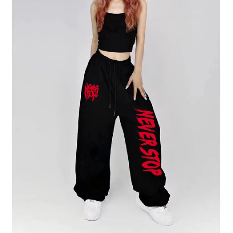 Pantalones de chándal con diseño de cordón en blanco y negro para mujer, pantalones deportivos de baile callejero para mujer, pantalones largos que combinan con todo