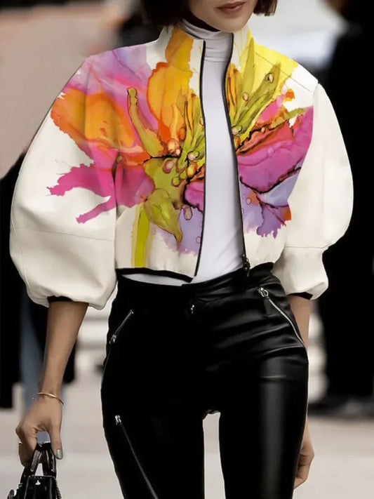 Chaqueta con estampado Floral para mujer, abrigo holgado de media manga con cremallera y cuello alto, otoño
