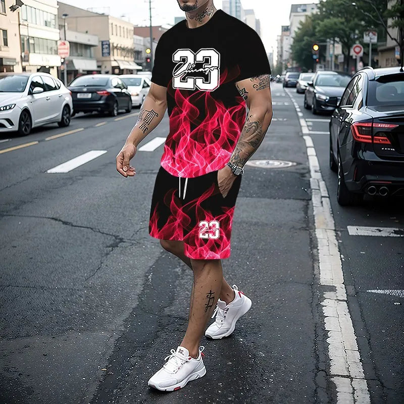 Conjunto de camiseta con estampado para hombre, pantalones cortos con estampado creativo