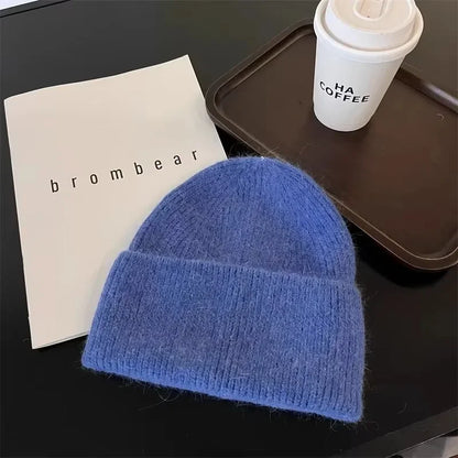 Gorro de punto de Angora para mujer, gorros de punto esponjosos de piel de conejo, gorro de lujo de Corea para mujer