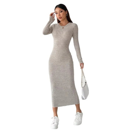 Vestido de punto de manga larga con cuello redondo para mujer