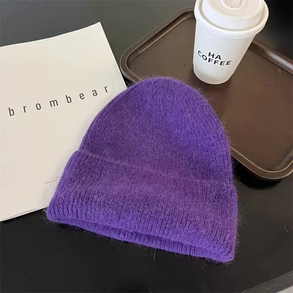 Gorro de punto de Angora para mujer, gorros de punto esponjosos de piel de conejo, gorro de lujo de Corea para mujer