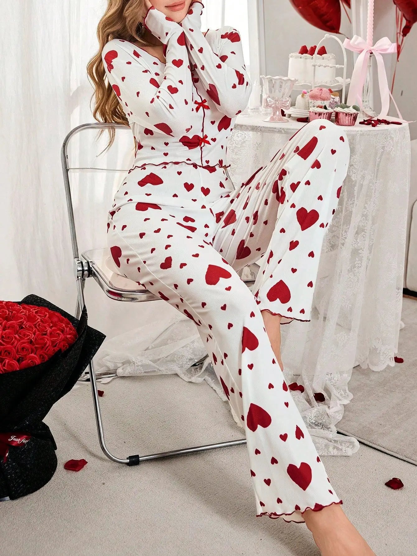 pijamas para mujer ropa de dormir estampado de corazón Tops de manga larga con pantalones largos conjunto de pantalones pijamas
