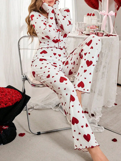 pijamas para mujer ropa de dormir estampado de corazón Tops de manga larga con pantalones largos conjunto de pantalones pijamas