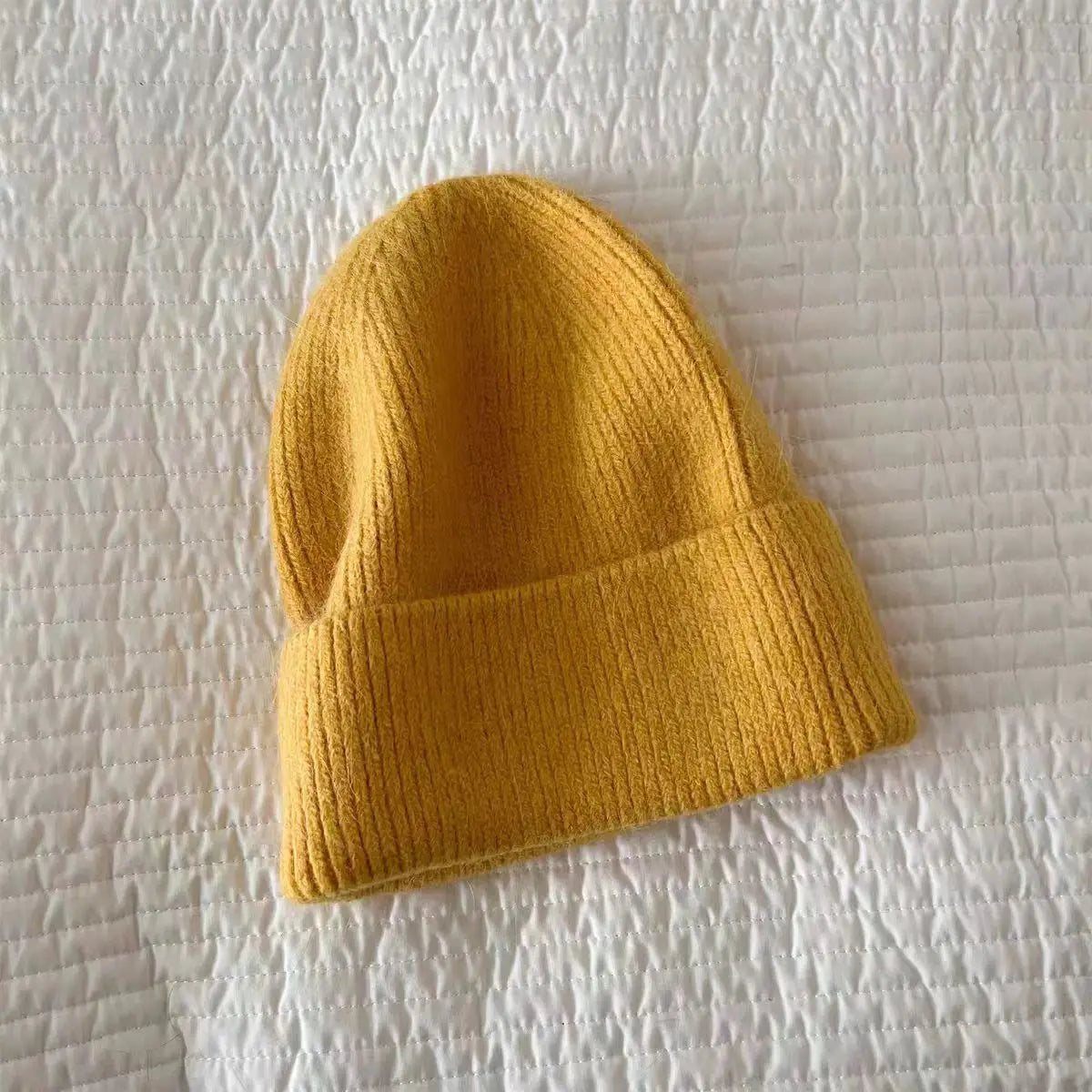Gorro de punto de Angora para mujer, gorros de punto esponjosos de piel de conejo, gorro de lujo de Corea para mujer