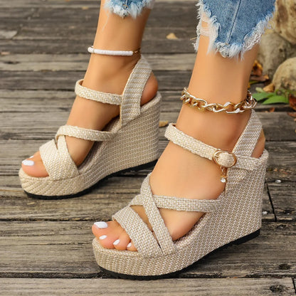 Sandalias romanas de algodón vaquero con tiras cruzadas para mujer, estilo verano, con suela gruesa y suela de goma,