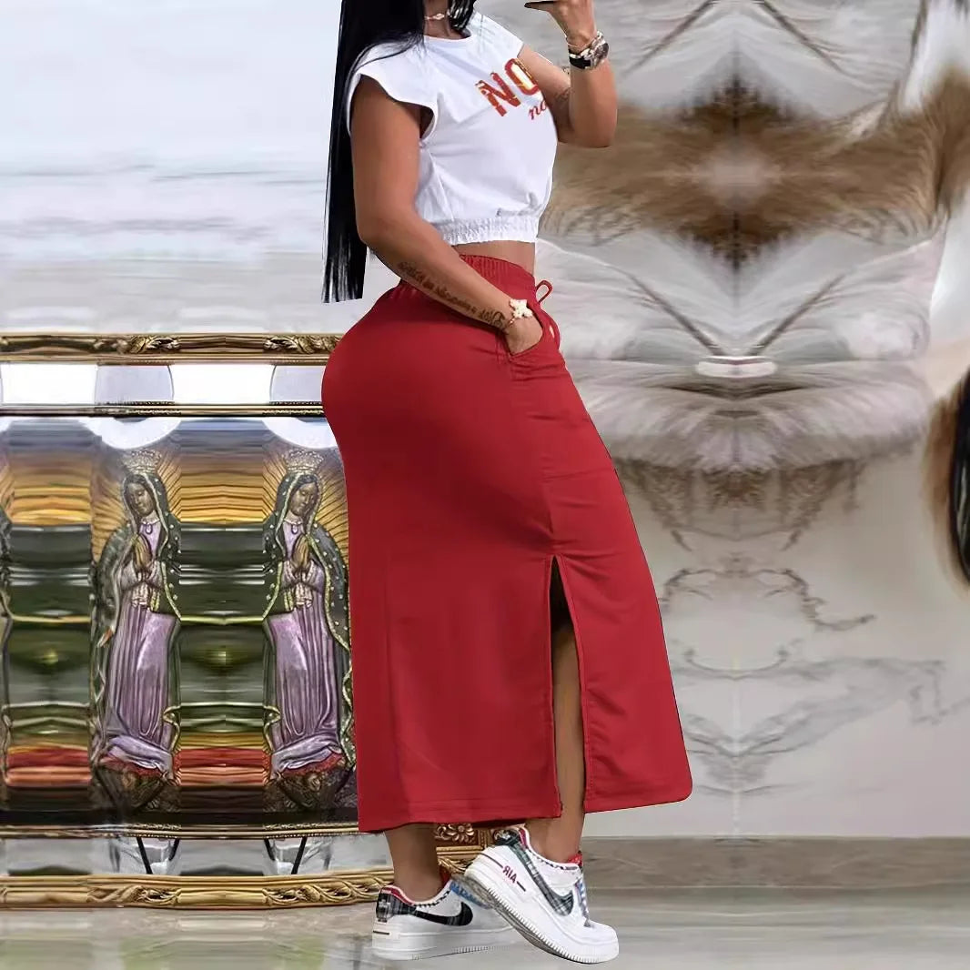 Conjunto de top corto con estampado de letras de verano y falda larga con dobladillo dividido para mujer, vestido de dos piezas con cordón y decoración de bolsillo