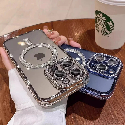 Luxury Crystal Diamond Clear Case For iPhone 15 11 12 13 14 Pro Max Plus Magnetic Wireless Charging Cover Bling Magsafe Case