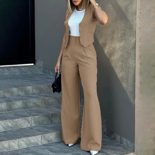 Elegant women's loose pants set with sleeveless vest, high waist wide leg pants for women in fashionable solid color