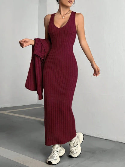 Conjunto de 2 uds. De vestido rojo holgado de punto para mujer
