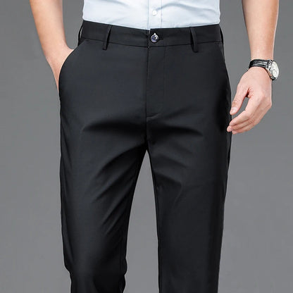 Pantalones casuales elegantes para hombre, elásticos, deportivos, de secado rápido, para primavera y otoño, rectos, de oficina, negros y azul marino.