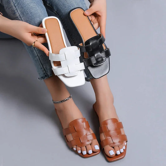 Women's designer flat sandals, casual bottom woven shoes