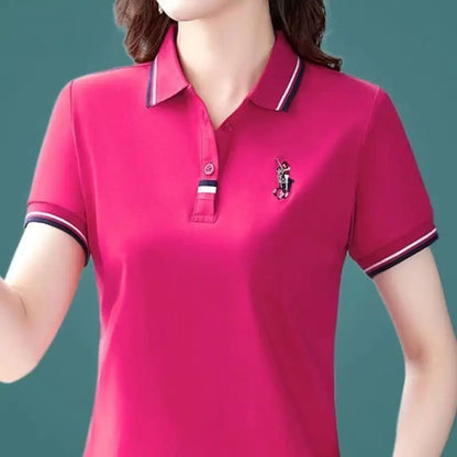 Middle-aged women's short-sleeved T-shirt, loose-fitting polo shirt with contrast embroidery and lapel