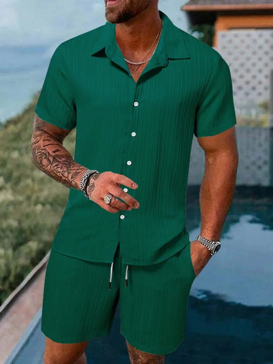 Polo deportivo de primavera y verano para hombre, informal, de color liso, holgado, de manga corta, con cordón, pantalones cortos, cárdigan, traje deportivo a rayas