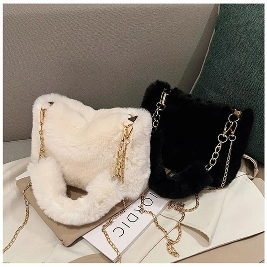 Bolso de hombro mullido para mujer, bolso de invierno con cadena para debajo del brazo, bolso de mano de color liso, bolso con asa de felpa suave.