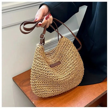 Bolso cruzado de paja para mujer, bolsa de hombro tejida, a la moda, para playa, vacaciones, compras, Verano