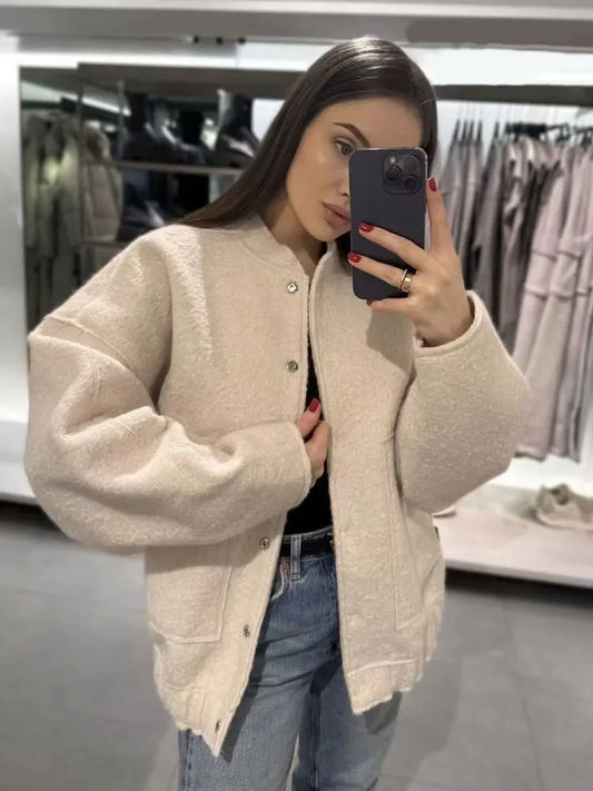 Chaqueta Bomber de gran tamaño con bolsillos para mujer, abrigo Vintage de manga larga con botón a presión, prendas de vestir exteriores para mujer, Tops elegantes