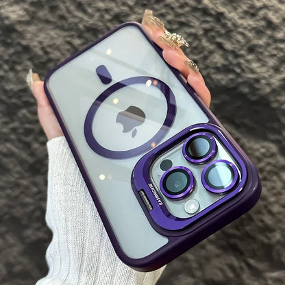 Funda magnética de lujo a prueba de golpes para iPhone 15, 14, 13, 12, 11, 16 Pro Max, 16 Plus, 16E, con soporte y protección de lente de cristal