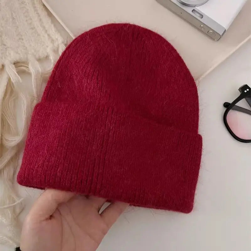 Gorro de punto de Angora para mujer, gorros de punto esponjosos de piel de conejo, gorro de lujo de Corea para mujer