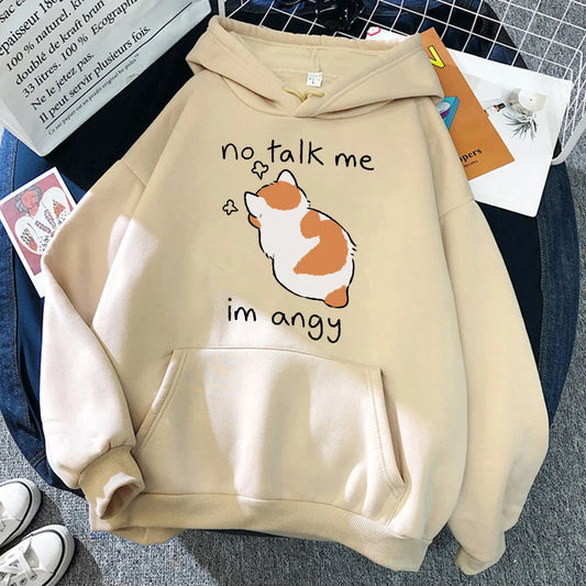 Sudadera con capucha con estampado de gato enojado para mujer, sudaderas suaves, jerséis de lana informales, ropa de calle de lana de gran tamaño para mujer