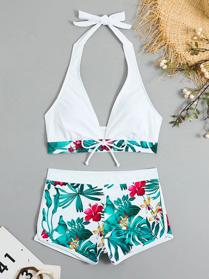 Conjunto de bikini estilo halter 2025, traje de baño corto de cintura alta para mujer, bañador estampado para mujer, traje de baño para playa